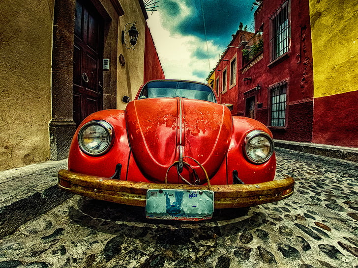 auton, punainen, Beetle, Volkswagen, Street, ajoneuvon, vanhanaikainen