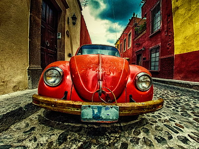 bil, röd, skalbagge, Volkswagen, Street, fordon, gammaldags