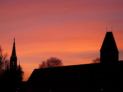 sunset, church, tower, münster, afterglow, pastel, love