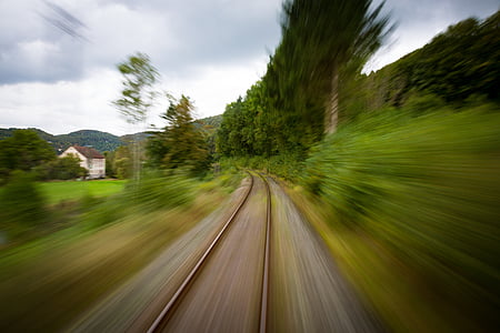 kereta api, perjalanan, tampak, baja, berkendara, kecepatan rana, belakang