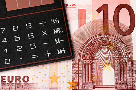 money, euro, coin, coins, bank note, calculator, budget