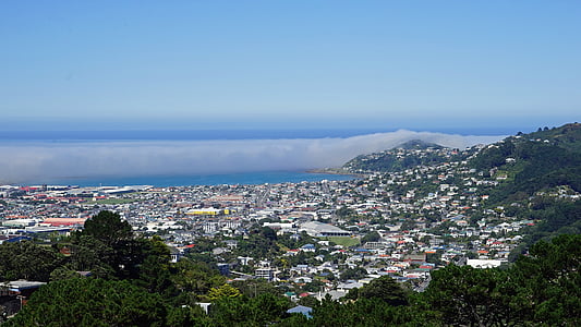 Wellington, Mount victoria, Uus-Meremaa, Põhjasaar, lahele udu, linnaruumi, rahvarohke
