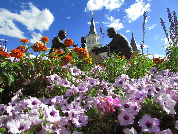 květiny, socha, náboženství, chrám, Mormon, Provo, Utah