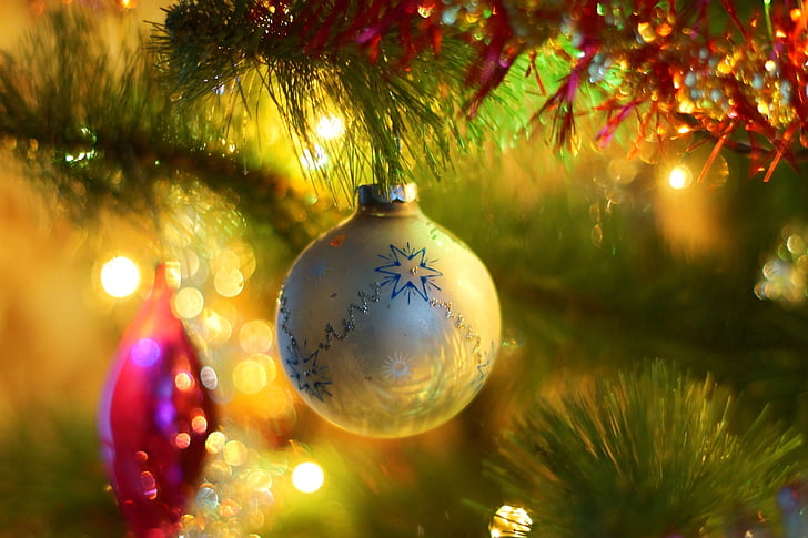 pohon Natal, dekorasi, Ornamen, menutup, liburan, Evergreen, lampu