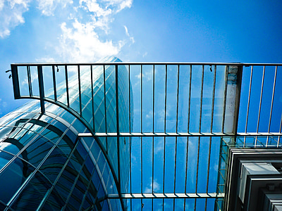 het platform, moderne, gebouw, wolkenkrabber, gevel, glas, blauwachtige
