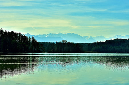 krajina, soumrak, jezero, Iffeldorf, Romantický, hory, voda, Příroda