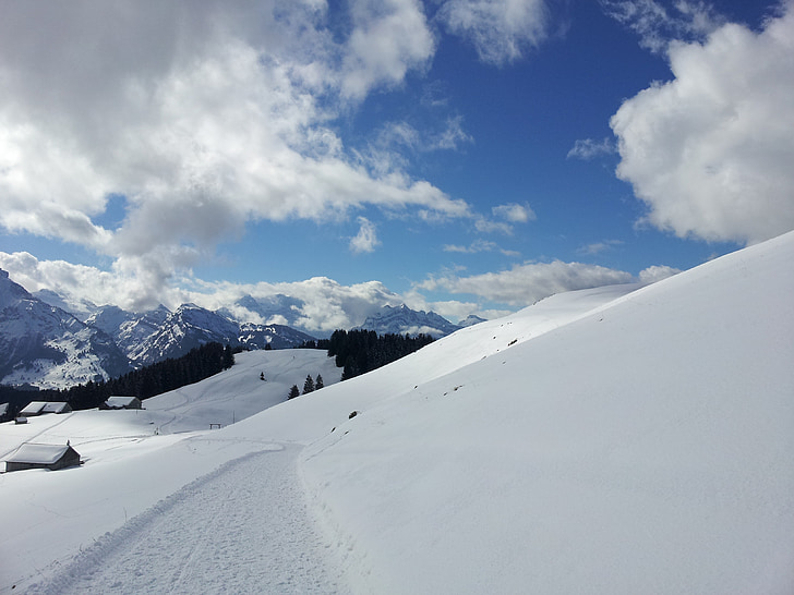 Снежный пейзаж, Белые горы, снег и голубое небо, снег, Гора, Зима, европейских Альп