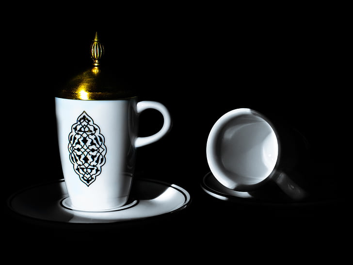 Copa, tassa de cafè, ceràmica, plat, or, porcellana, coberta