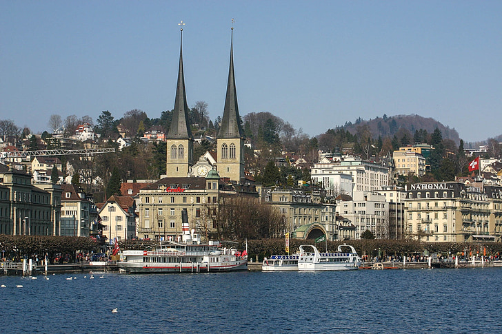 Luzern, Hofkirche, Lake lucerne régió, víz, Svájc, kék, Sky