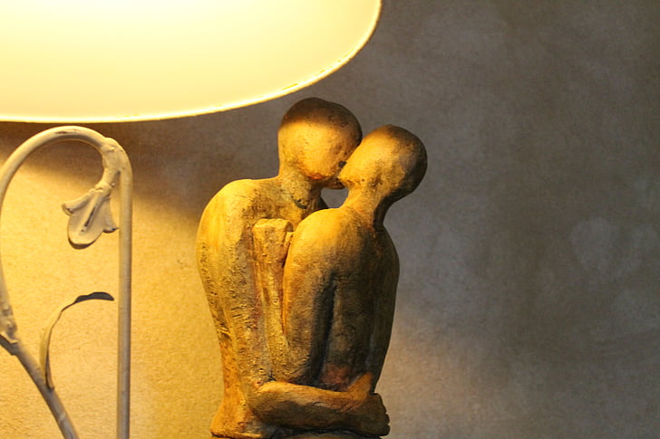 커플, 동상, 램프, 사랑, 사랑하는