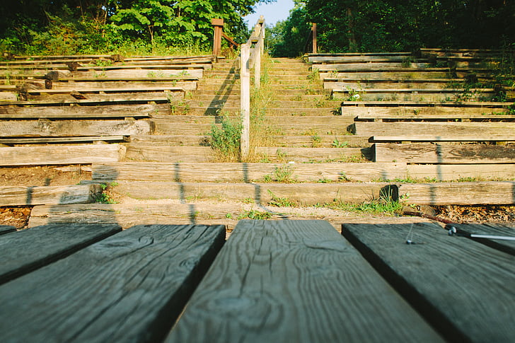 wood, wooden, table, stairs, green, grass, trees