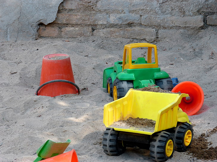 sandbox, children's games, cube, sand, play, digging, machinery