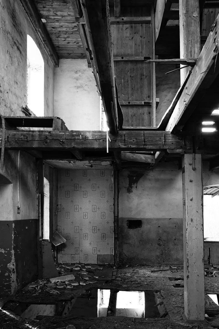 abandonné, en noir et blanc, bâtiment, chair de poule, Eerie, vide