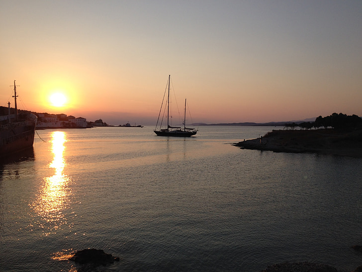 båd, Sunset, solen, nat, Harbor, port, skib
