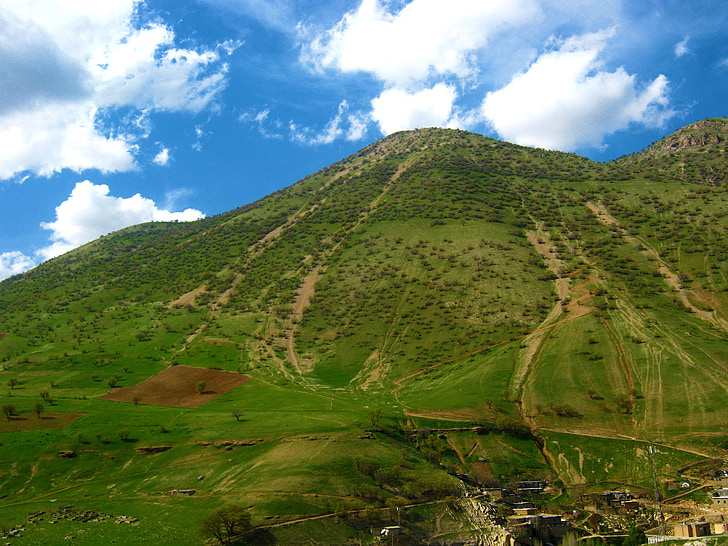mountain, sky, clouds, landscape, blue, grass