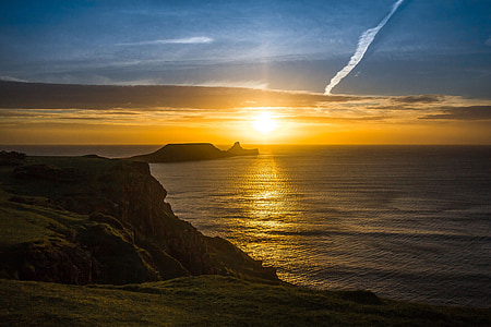 naplemente, óceán, félsziget, este, Wales, Anglia