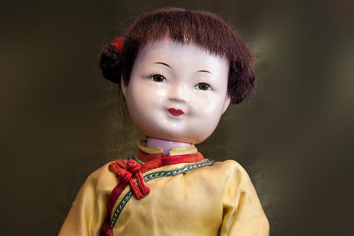 Nina, Japó, japonès, vell, joguines, cara, quimono