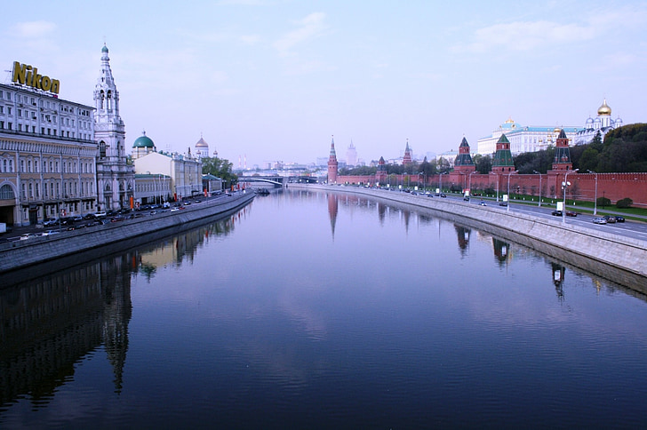 fiume, acqua, blu, argine, splendente, parete di Kremlin giusto, acqua di riflessioni