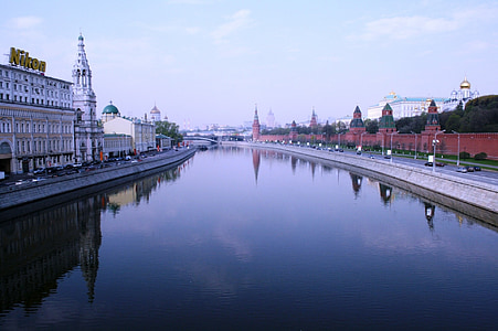 river, water, blue, embankment, shiny, kremlin wall right, reflections water