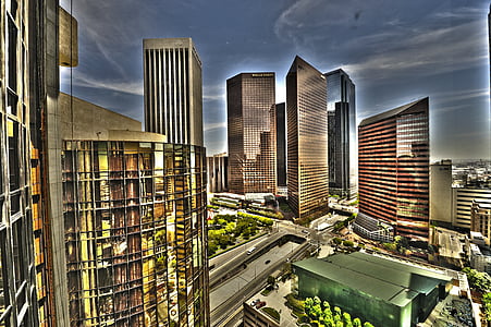 Los Angeles-i, építészet, belváros, ablak, modern, felhőkarcoló, utca-és városrészlet