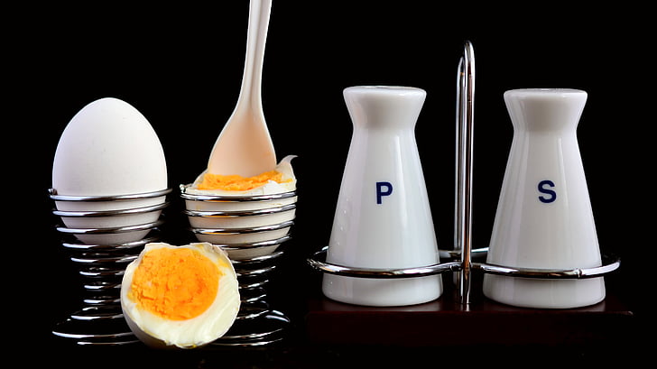 egg, egg cups, pepper and salt, salt shaker, metal, breakfast, breakfast eggs