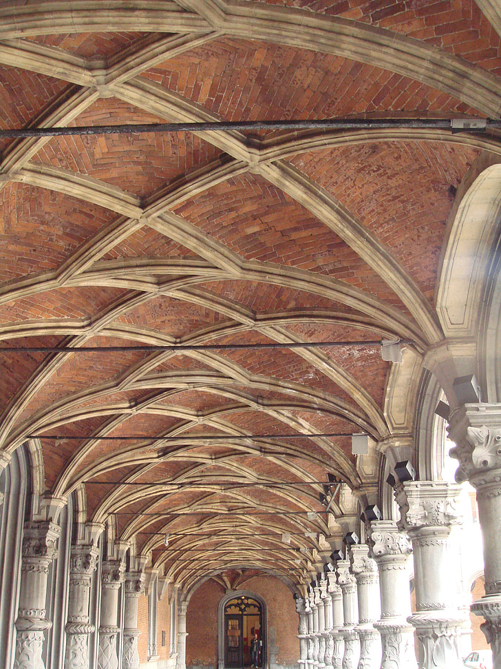 monastery, walkway, ceiling, liege, belgium, bricks