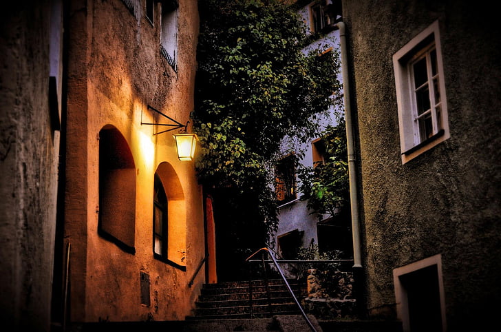 illuminated lantern, alley, stairs, old town, nighttime, architecture, window