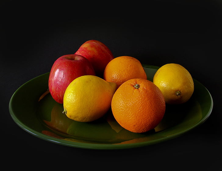 apples, food, fresh, fruits, lemons, oranges, plate