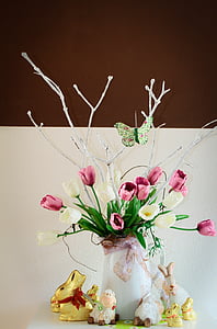 virágok, Húsvét, tulipán, húsvéti nyuszi, csokoládé, húsvéti dekoráció