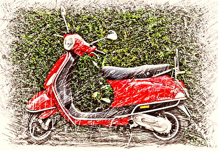 Vespa, a rulli, motore scooter, culto, disegno, colorato, ciclomotore