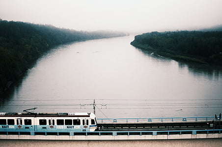 white, train, bridge, daytime, river, lake, water