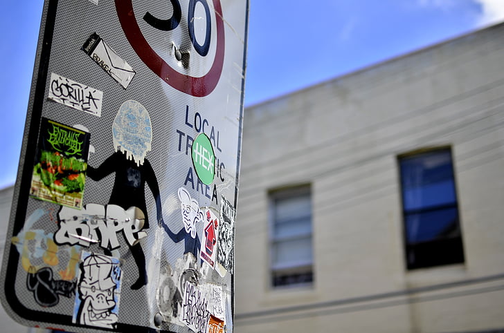 adesivos, sinal, vandalismo, decoração, Resumo, placa de rua, arte de rua
