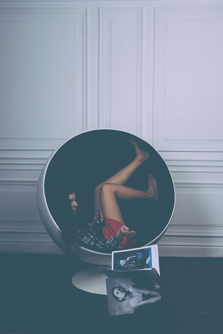 girl, armchair, magazine, light background, model