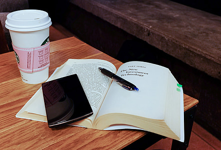 smartphone, koji se kreće, tehnologija, knjiga, čitanje, olovka, Starbucks
