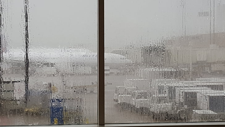 rain, airport, storm, aviation, window, glass