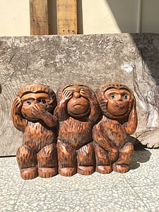 สามลิง, ลิง, หัวไม้, สามลิงไม่, รูปปั้น, ดูไม่ร้าย, ความชั่วร้ายไม่ได้ยิน