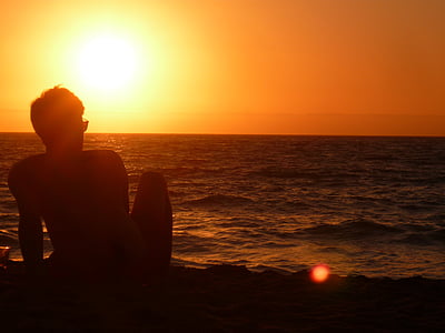 Захід сонця, горизонт, пляж, помаранчевий, море, НД