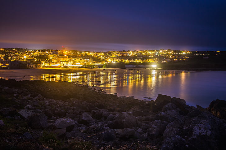 St Ives, okyanus, düşük tide, gece, Şehir, Cornwall, Deniz