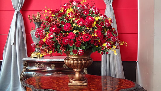 rangkaian bunga, mawar merah, vas bunga