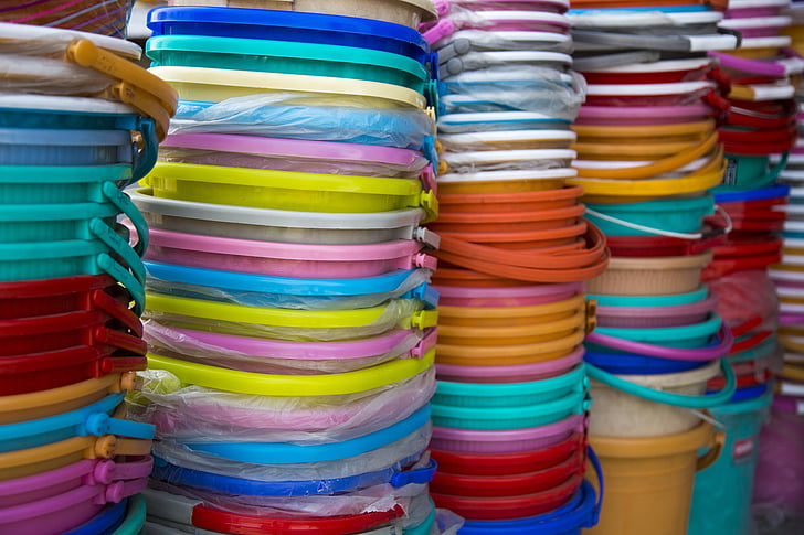 buckets, plastic, colorful