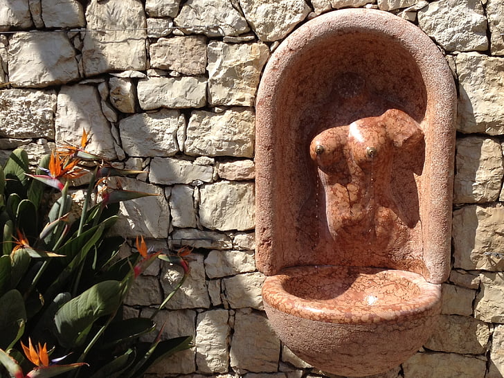 Stone skulptur, kunst, fontene, vegg