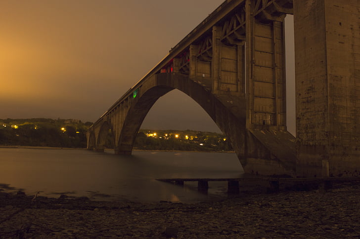 мост, нощ, светлина, море, река, Шор