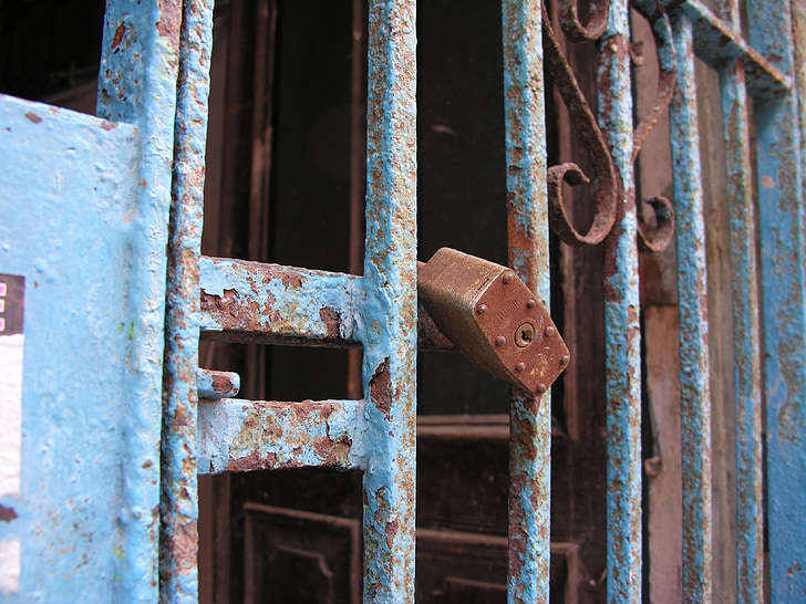 cerradura, puerta, azul, oxidado