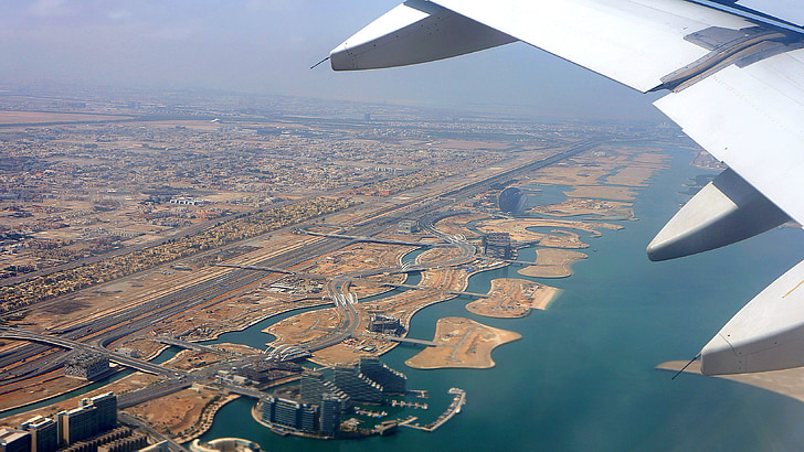 Take-off, pohled shora, Abú Dhabí, u s e, emiráty, Perský záliv, pláž