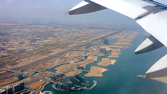 взлет, вид сверху, Абу-Даби, u e, Эмираты, Персидский залив, пляж