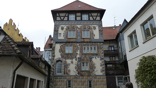 Konstanz, Danau constance, lukisan, fasad, menara penghunian untuk golden lion, arsitektur