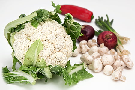 cauliflower, vegetables, mushrooms, onions, food, healthy, green