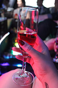 Champagne, Champagne glas, kleurrijke lampen, rode nagels, alcoholische, drankje, bril