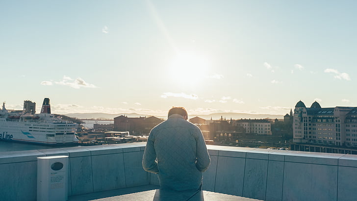 osoba, posedenie, strecha, Top, západ slnka, Oslo, Ferry