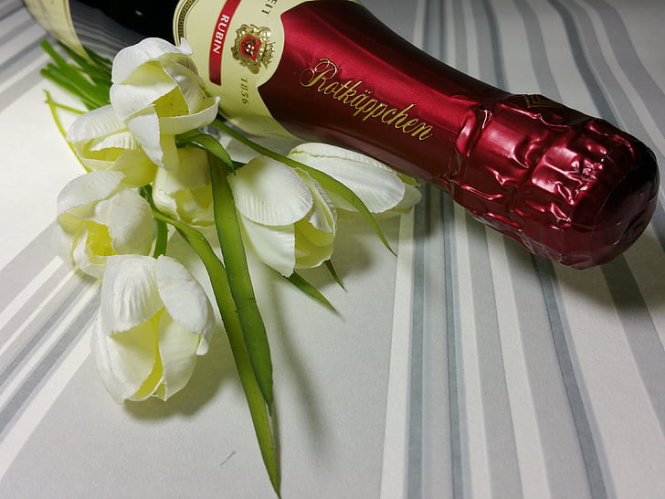 Champagne, Rotkäppchen, hart, romantiek, bloemen, Aftelkalender voor Valentijnsdag, liefde